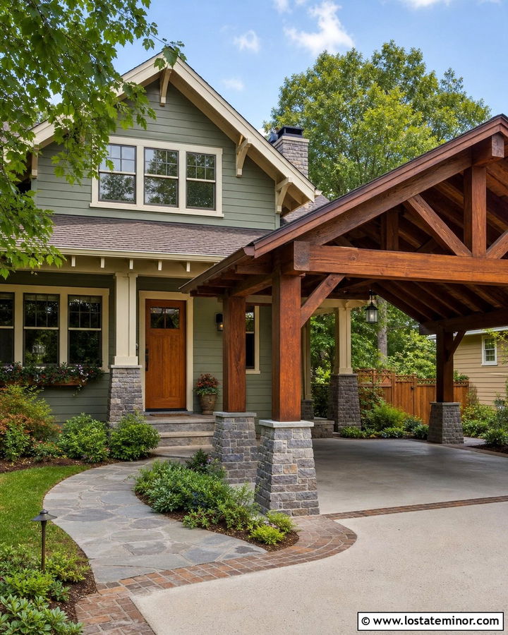 Sage Green Craftsman House With Timber Carport - 30 Sage Green House Design With Carport Ideas