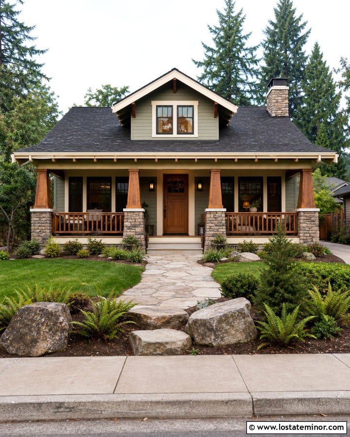 Sage Green Craftsman House With Wood Railings - 30 Sage Green House Design With Railings Ideas