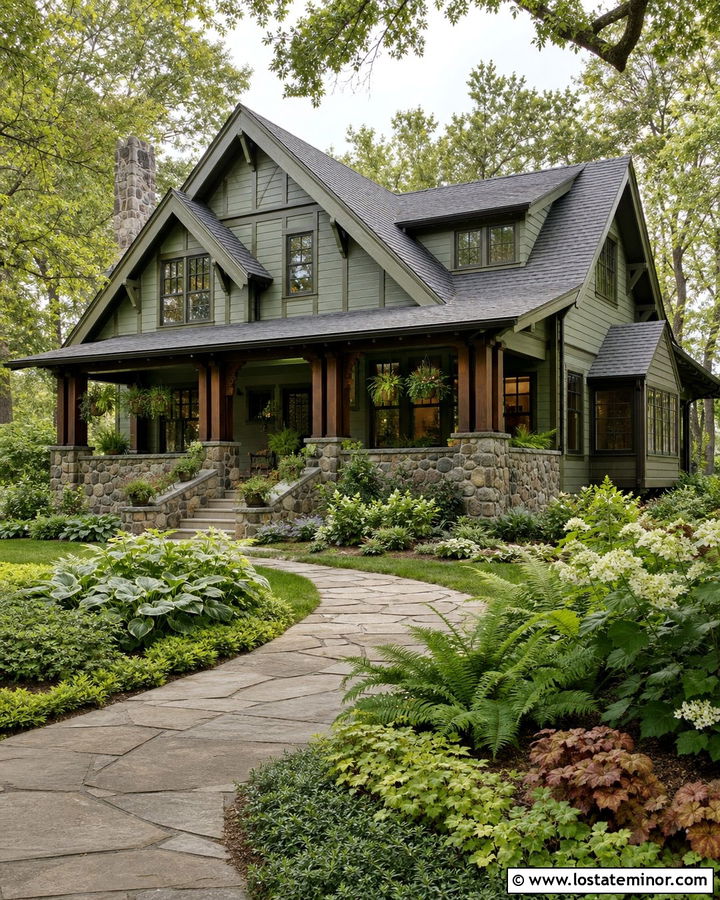 Sage Green Craftsman House With Woodland Front Yard - 30 Sage Green House Design With Front Yard Ideas