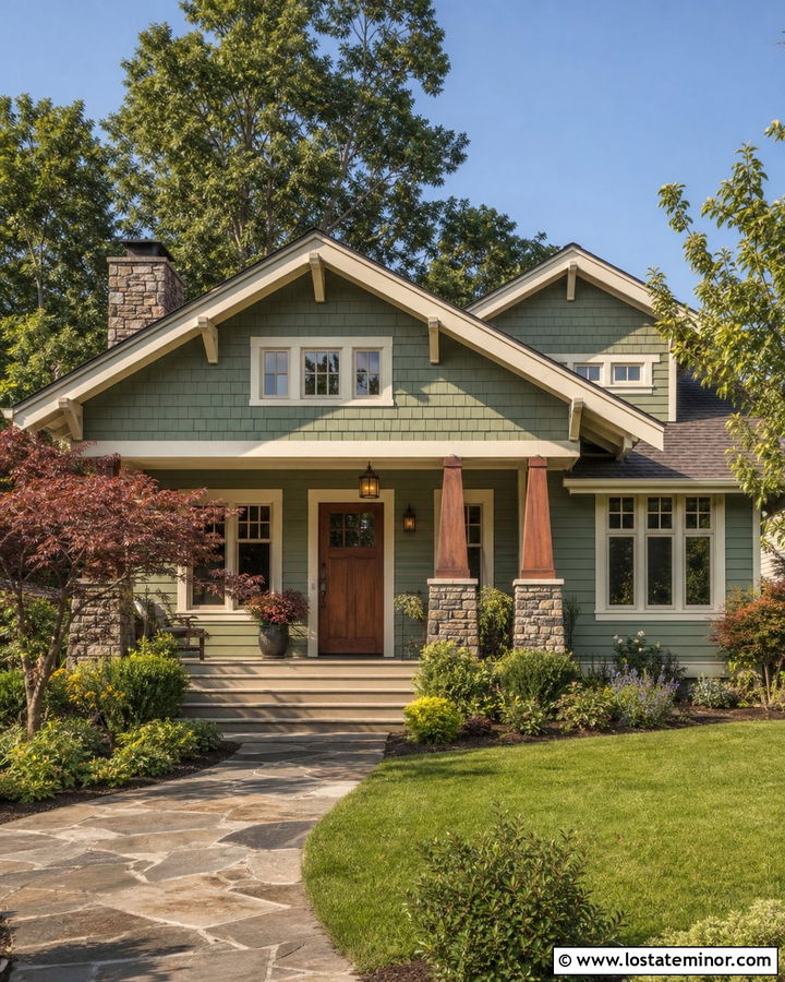 Sage Green Craftsman Siding With Wood Columns - 30 Sage Green House Design With Siding Ideas