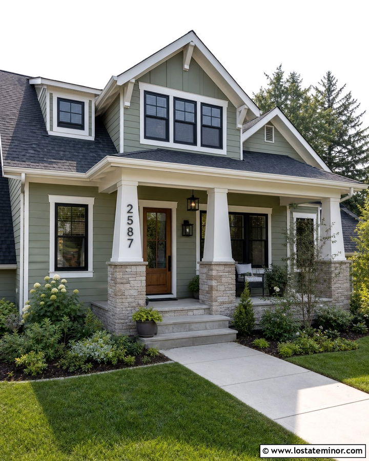 Sage Green Craftsman With Black House Numbers - 30 Sage Green House Design With House Numbers Ideas