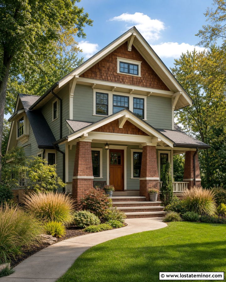 Sage Green Craftsman With Brick Porch Columns - 30 Sage Green House Design With Brick Accents Ideas