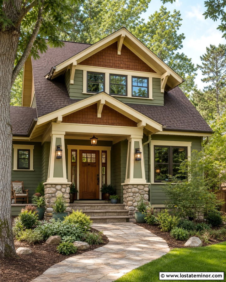 Sage Green Craftsman With Bronze Lanterns - 30 Sage Green House Design With Light Fixtures Ideas
