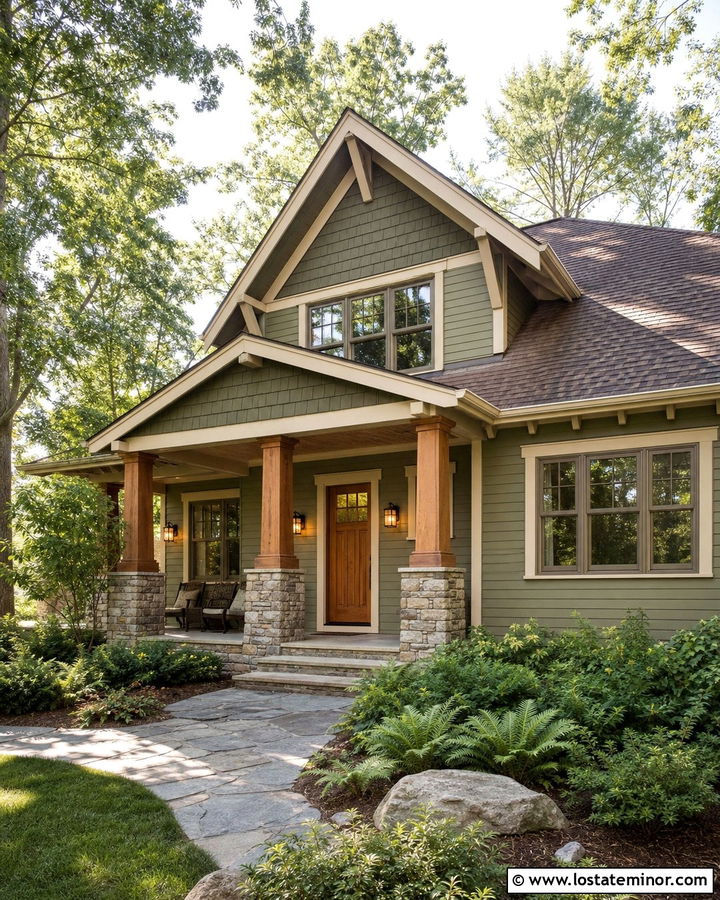 Sage Green Craftsman With Cedar Porch Posts - 30 Sage Green House Design With Front Porch Ideas