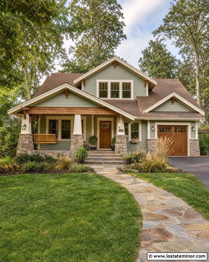 Sage Green Craftsman With Cedar Porch Swing - 30 Sage Green House Design With Swing Ideas