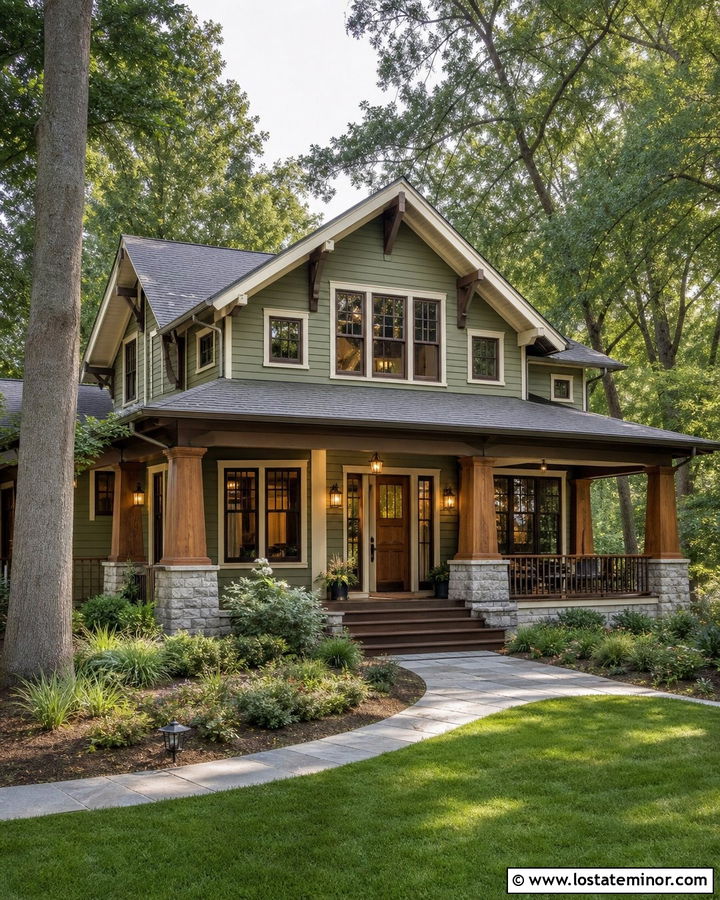 Sage Green Craftsman With Dark Brown Deck - 30 Sage Green House Design With Deck Ideas