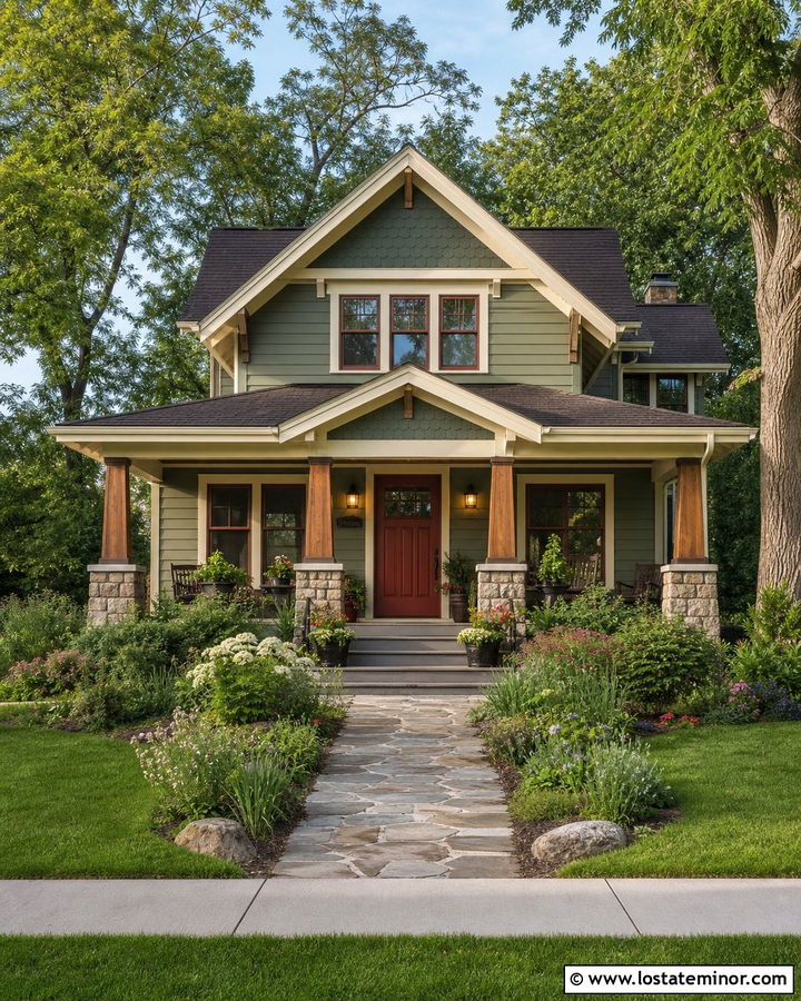 Sage Green Craftsman With Scalloped Shingles - 30 Sage Green House Design With Shingles Ideas