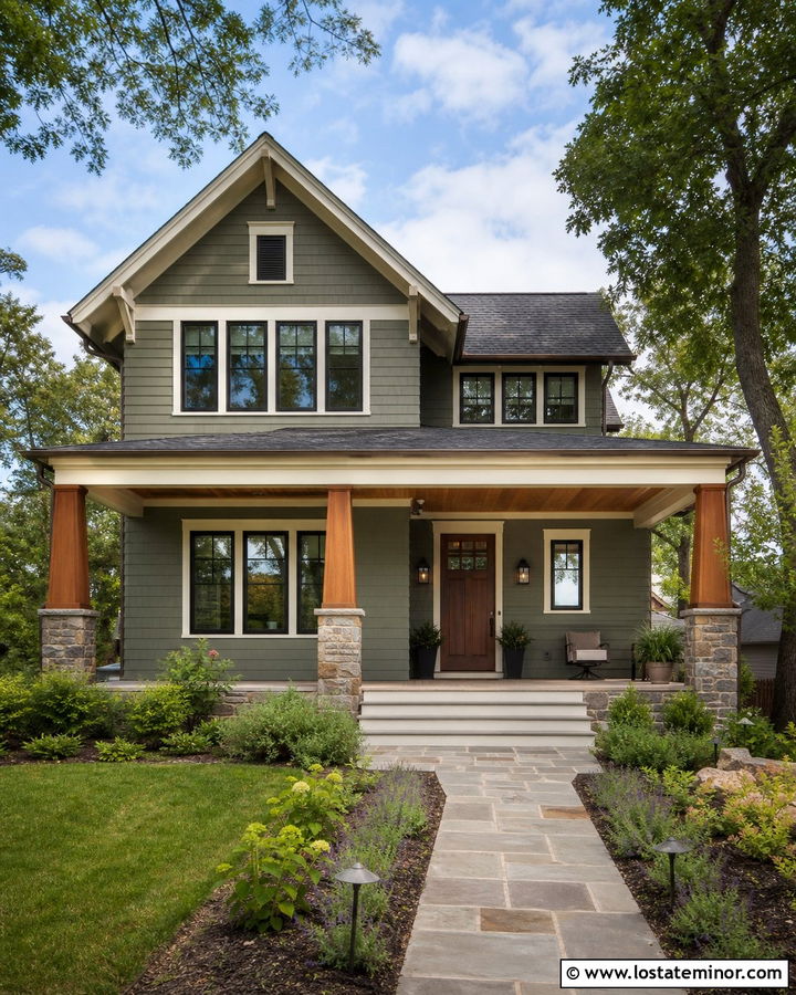 Sage Green Craftsman With Stained Wood Porch Ceiling - 30 Sage Green House Design With Porch Ceiling Ideas