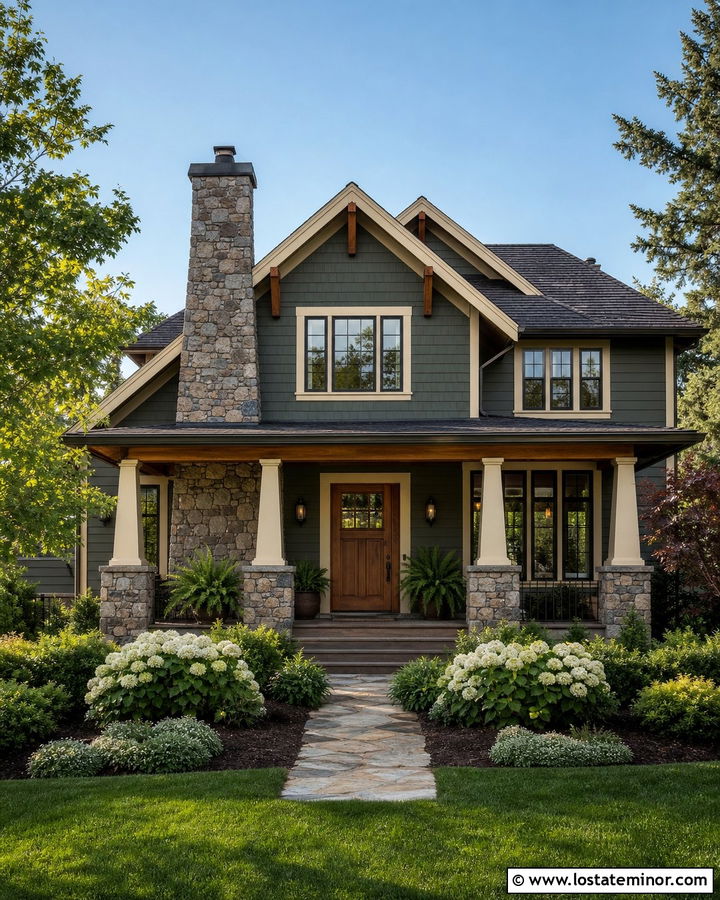 Sage Green Craftsman With Stone Chimney - 30 Sage Green House Design With Chimney Ideas