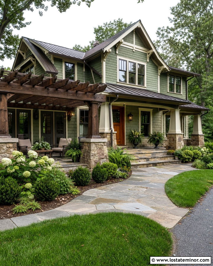 Sage Green Craftsman With Stone Patio Pergola - 30 Sage Green House Design With Pergola Ideas