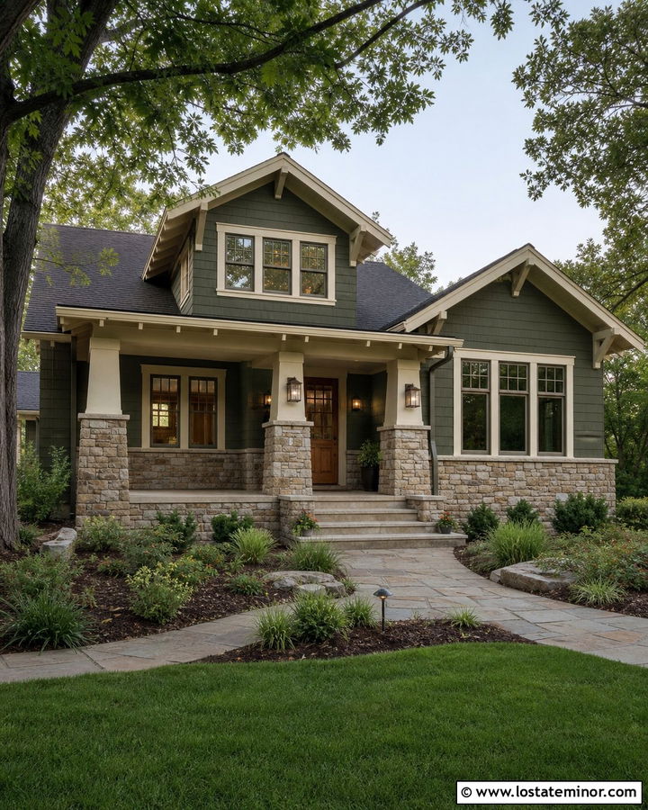 Sage Green Craftsman With Stone Wainscoting - 30 Sage Green House Design With Wainscoting Ideas