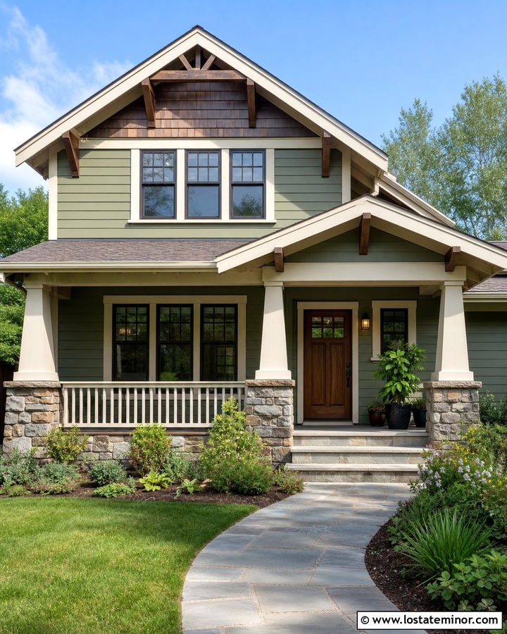 Sage Green Craftsman With Tapered Porch Columns - 30 Sage Green House Design With Porch Columns Ideas