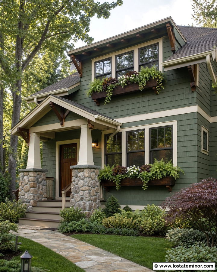 Sage Green Craftsman With Tapered Window Boxes - 30 Sage Green House Design With Window Boxes Ideas