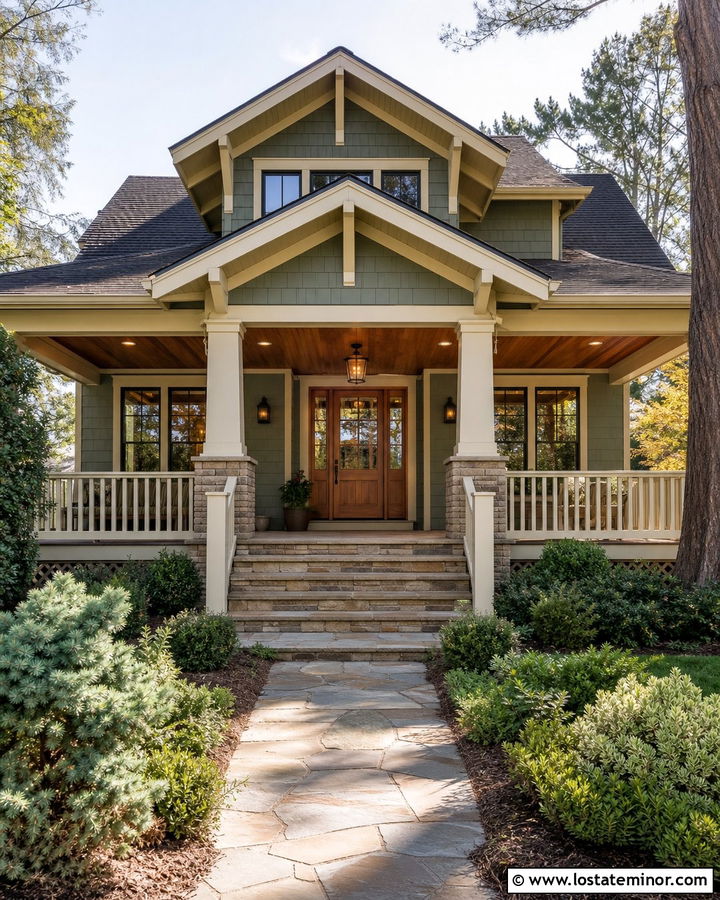 Sage Green Craftsman With Wood Porch Ceiling - 30 Sage Green House Design With Front Porch Ideas
