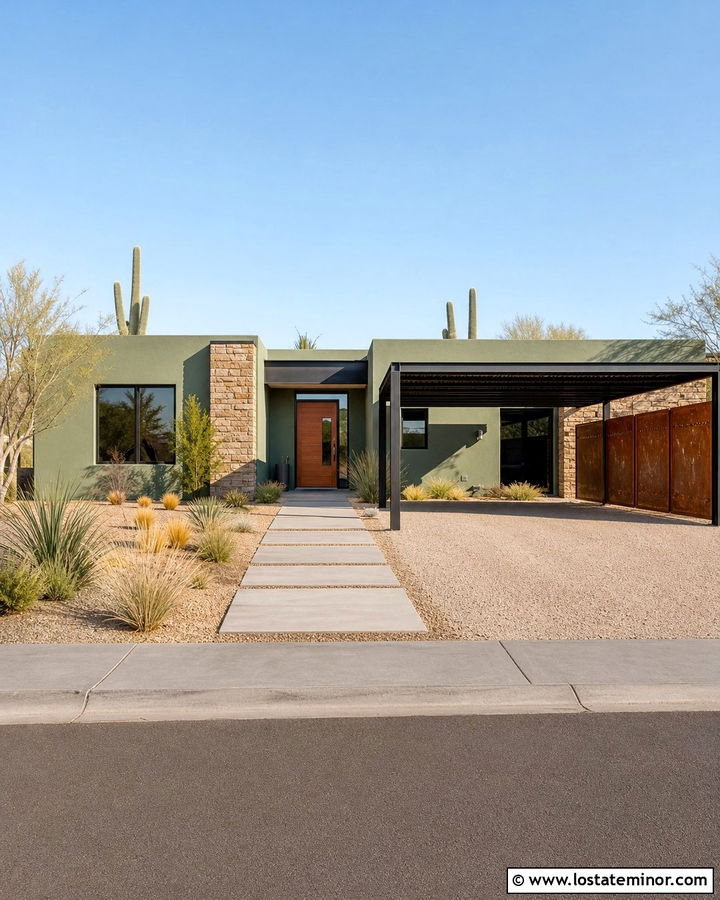 Sage Green Desert House With Steel Carport - 30 Sage Green House Design With Carport Ideas