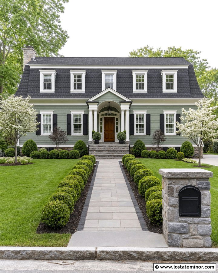 Sage Green Dutch Colonial With Stone Post Mailbox - 30 Sage Green House Design With Mailbox Ideas