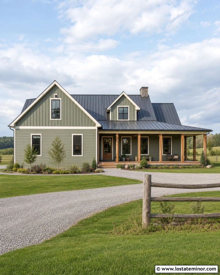 Sage Green Farmhouse Siding With A Metal Roof - 30 Sage Green House Design With Siding Ideas