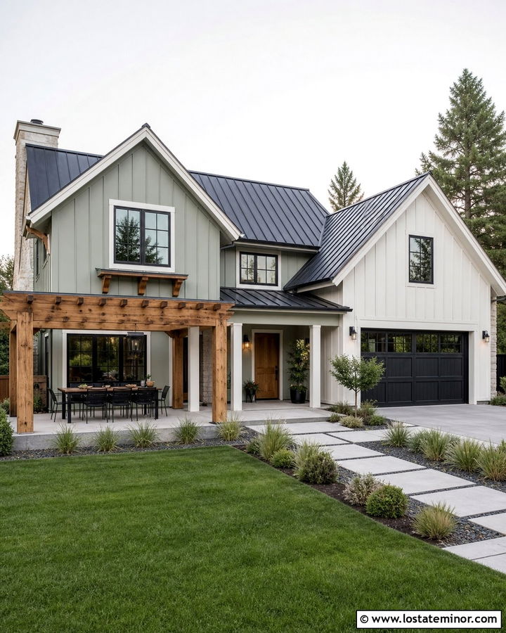 Sage Green Farmhouse With Attached Pergola - 30 Sage Green House Design With Pergola Ideas