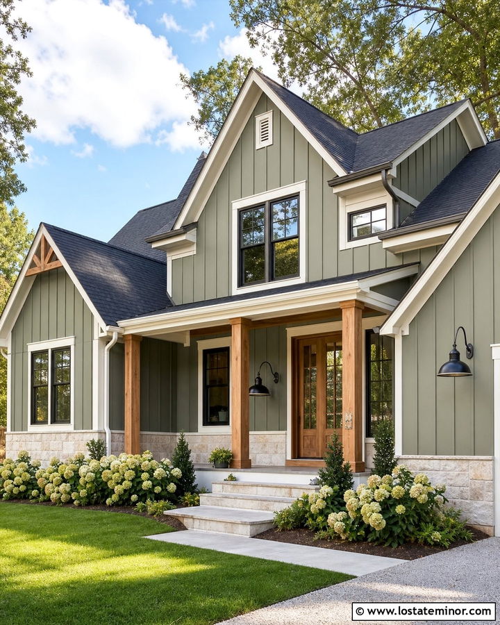 Sage Green Farmhouse With Black Barn Lights - 30 Sage Green House Design With Light Fixtures Ideas