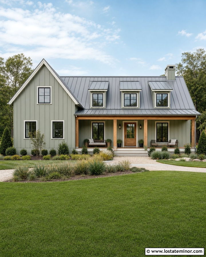 Sage Green Farmhouse With Black Dormer Windows - 30 Sage Green House Design With Dormers Ideas