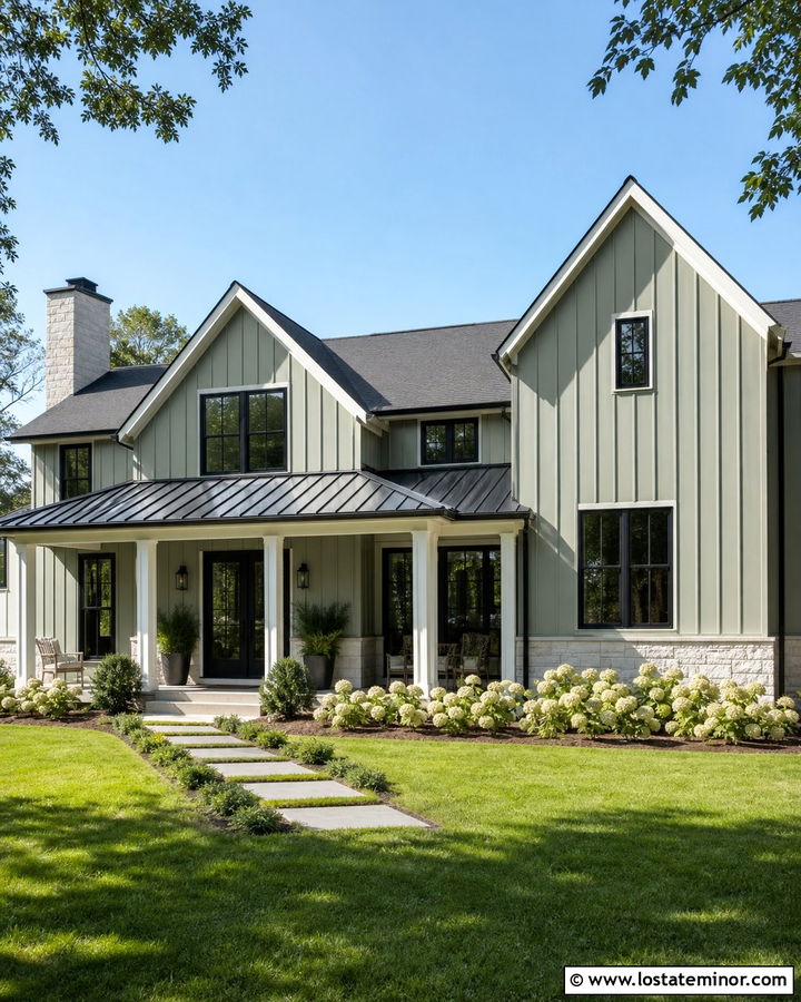 Sage Green Farmhouse With Black Metal Portico - 30 Sage Green House Design With Portico Ideas