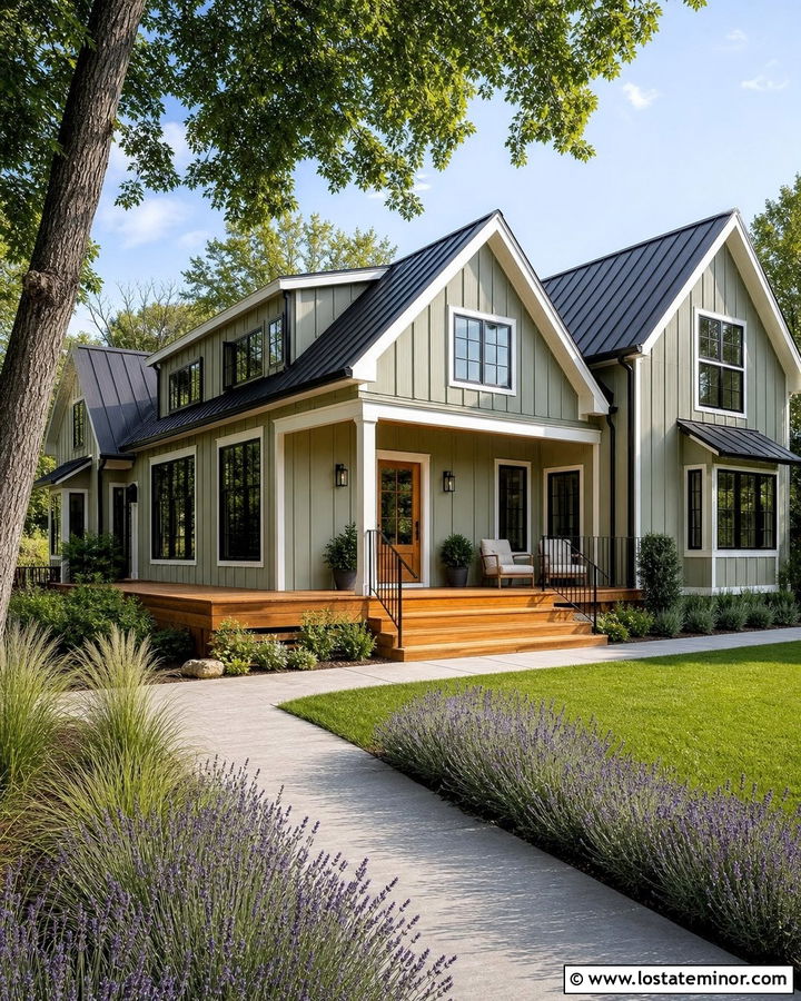 Sage Green Farmhouse With Cedar Deck - 30 Sage Green House Design With Deck Ideas