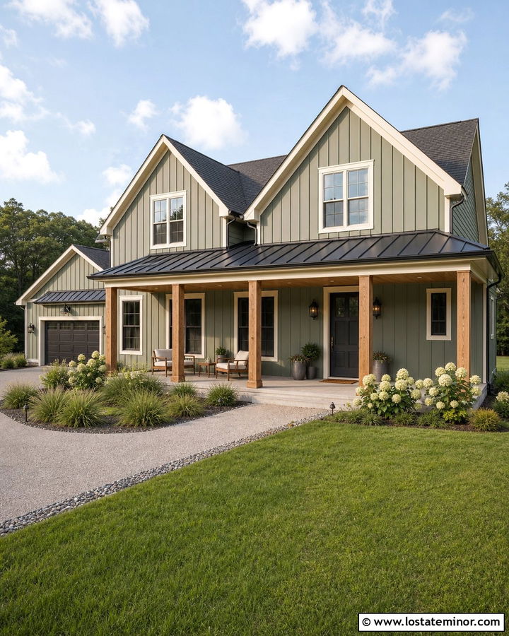 Sage Green Farmhouse With Cedar Porch Columns - 30 Sage Green House Design With Porch Columns Ideas