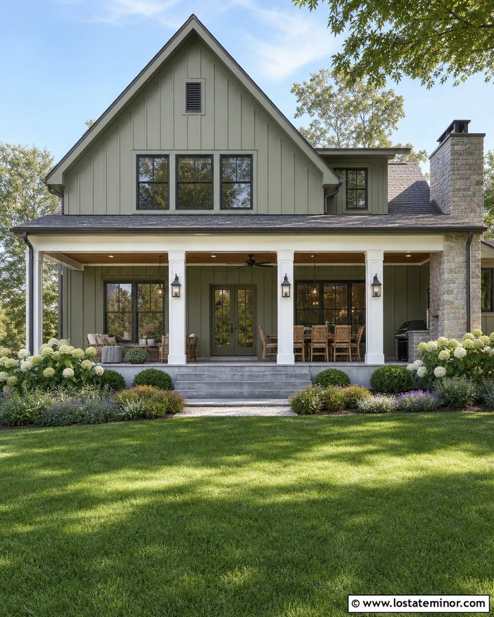 Sage Green Farmhouse With Covered Back Porch - 30 Sage Green House Design With Backyard Ideas