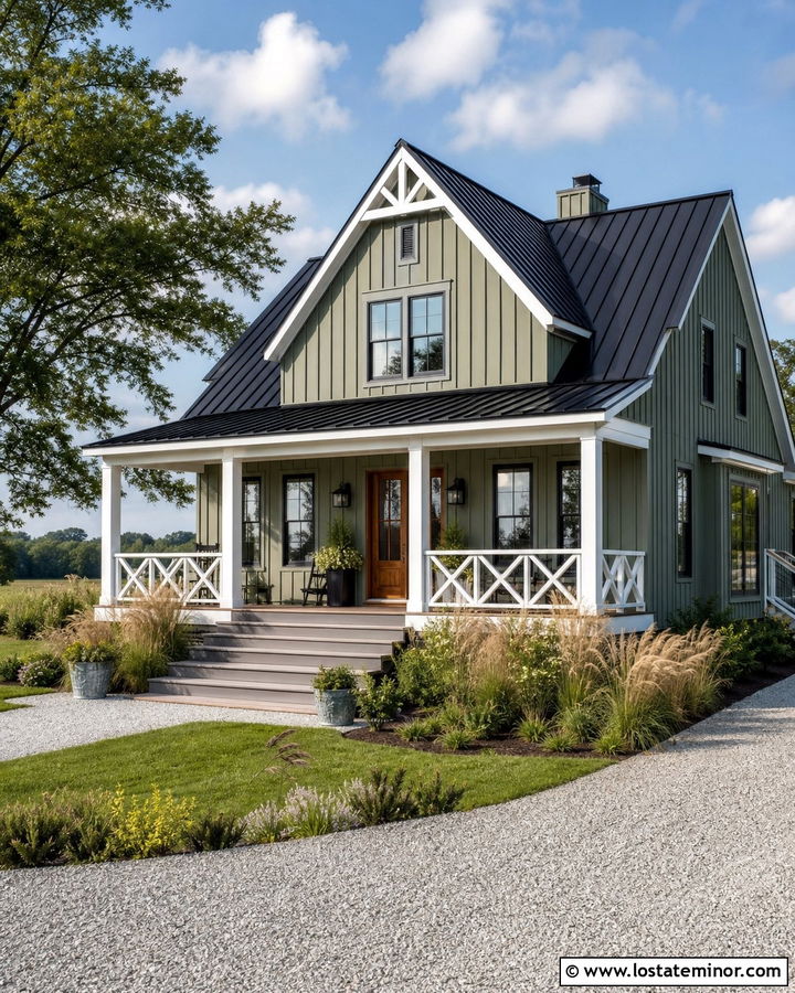 Sage Green Farmhouse With Crossbuck Railings - 30 Sage Green House Design With Railings Ideas
