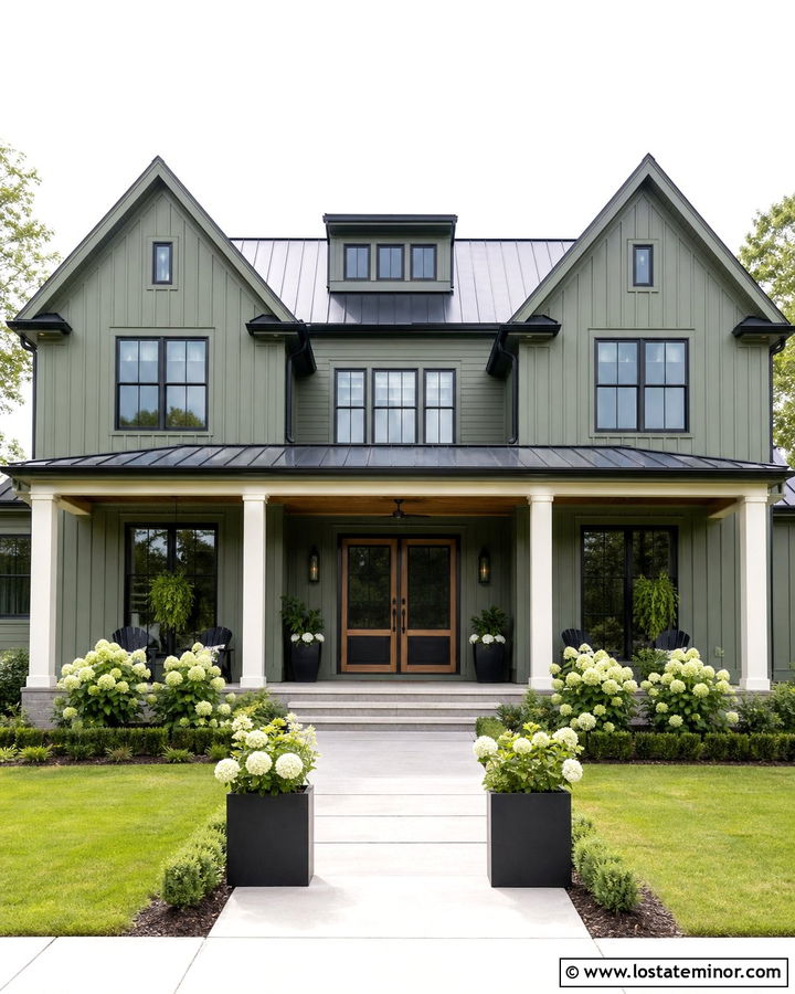 Sage Green Farmhouse With Double Screen Doors - 30 Sage Green House Design With Screen Door Ideas