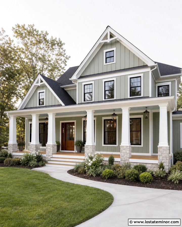 Sage Green Farmhouse With Haint Blue Porch Ceiling - 30 Sage Green House Design With Porch Ceiling Ideas