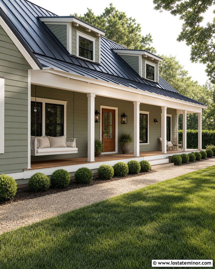 Sage Green Farmhouse With Hanging Porch Daybed - 30 Sage Green House Design With Daybed Ideas
