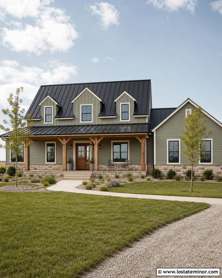 Sage Green Farmhouse With Metal Roof Dormers - 30 Sage Green House Design With Dormers Ideas