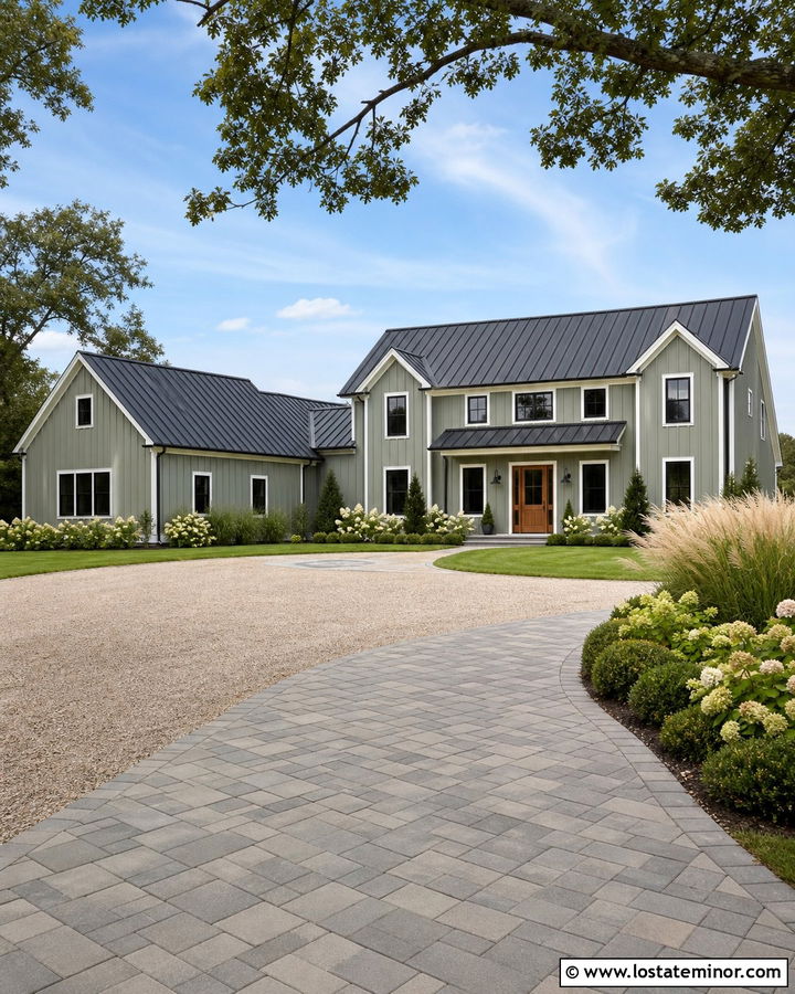 Sage Green Farmhouse With Paver Driveway - 30 Sage Green House Design With Driveway Ideas