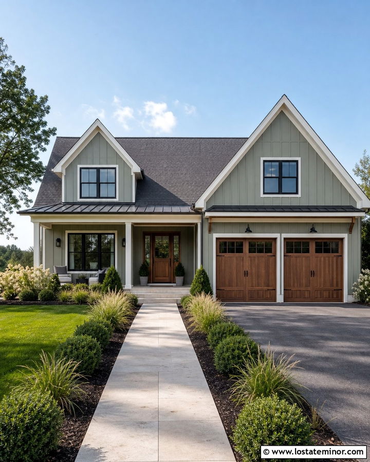 Sage Green Farmhouse With Pewter Roof Shingles - 30 Sage Green House Design With Shingles Ideas