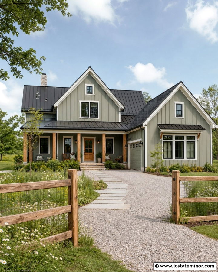Sage Green Farmhouse With Split Rail Fence - 30 Sage Green House Design With Fence Ideas