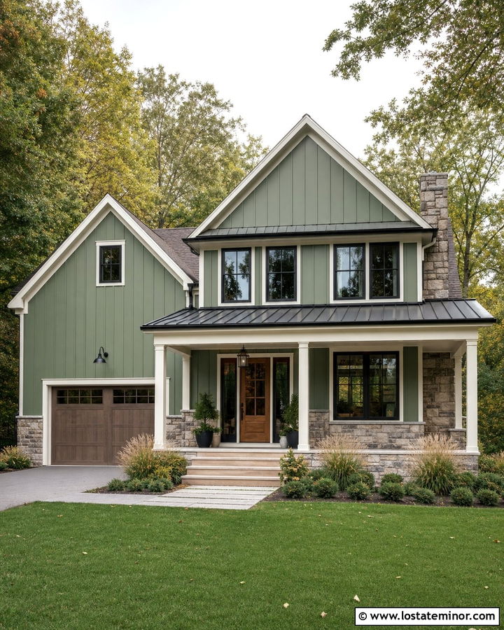 Sage Green Farmhouse With Stone Wainscoting - 30 Sage Green House Design With Wainscoting Ideas