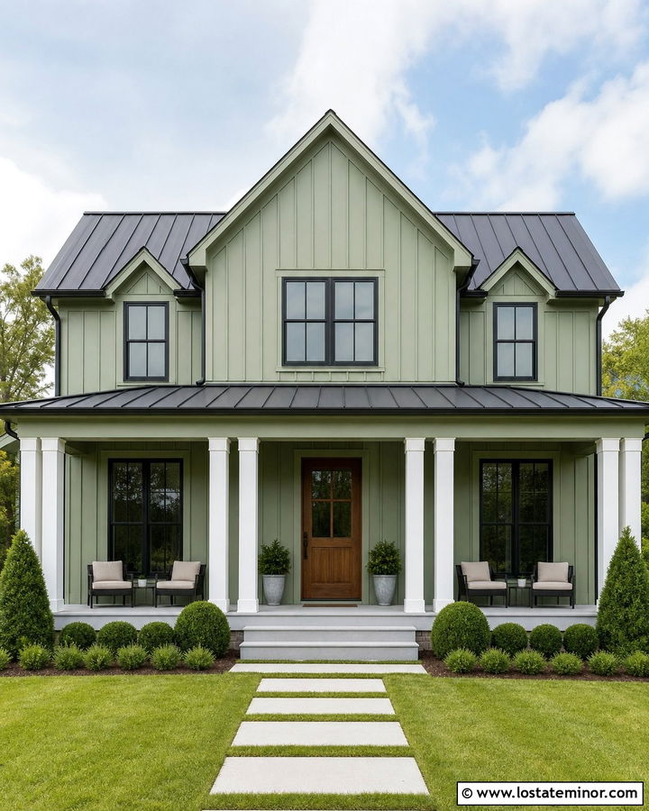 Sage Green Farmhouse With White Double Columns - 30 Sage Green House Design With Porch Columns Ideas