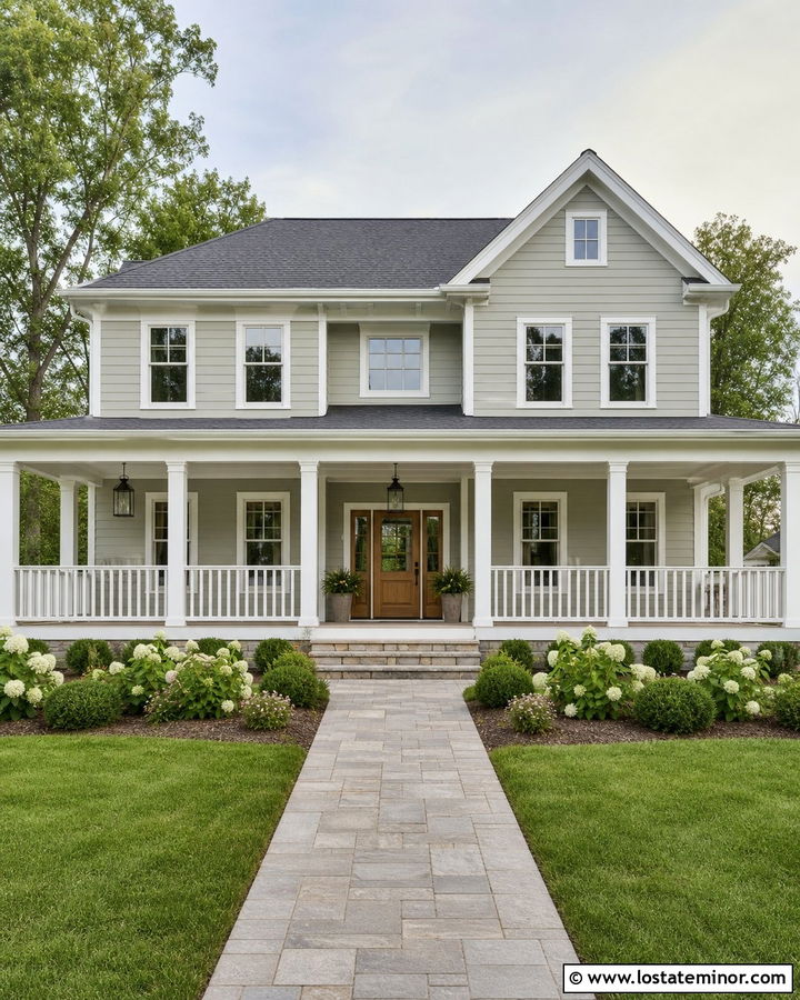 Sage Green Farmhouse With White Front Porch - 30 Sage Green House Design With Front Porch Ideas