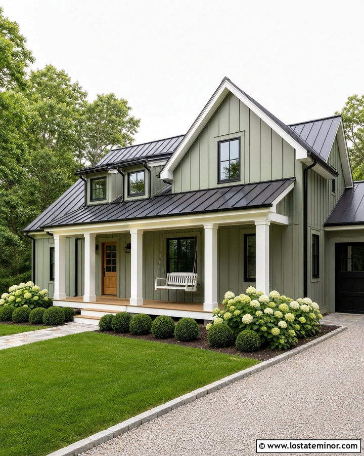 Sage Green Farmhouse With White Porch Swing - 30 Sage Green House Design With Swing Ideas