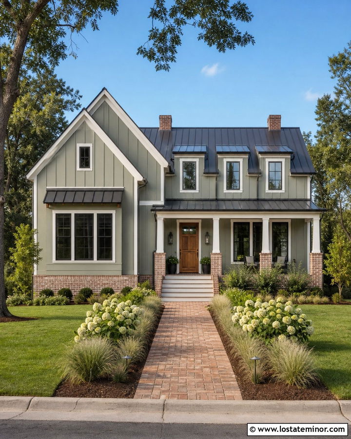 Sage Green Farmhouse With Whitewashed Brick - 30 Sage Green House Design With Brick Accents Ideas