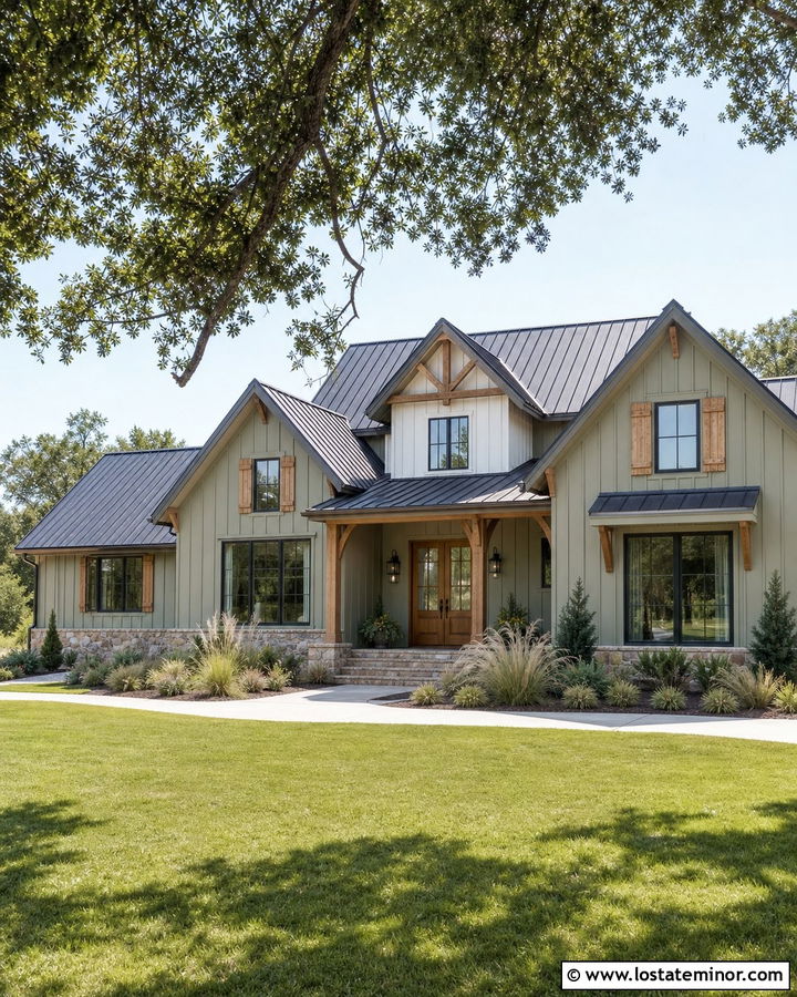 Sage Green Farmhouse With Wood Shutters - 30 Sage Green House Design With Shutters Ideas