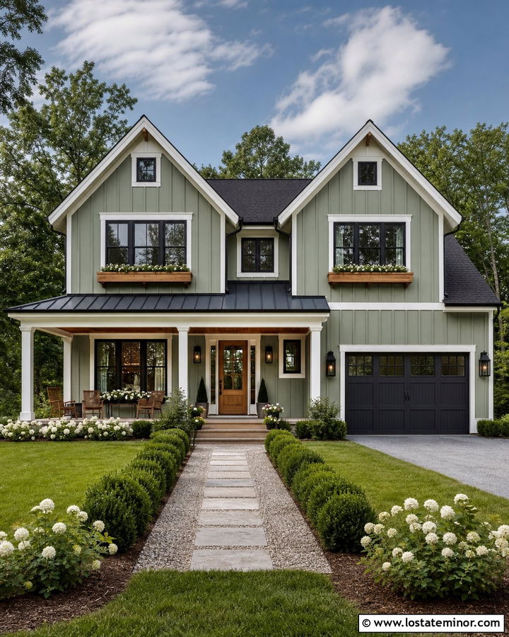 Sage Green Farmhouse With Wood Window Boxes - 30 Sage Green House Design With Window Boxes Ideas