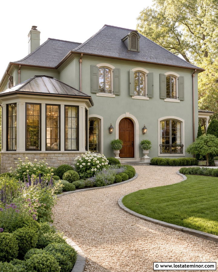Sage Green French Country House With Limestone Sunroom - 30 Sage Green House Design With Sunroom Ideas