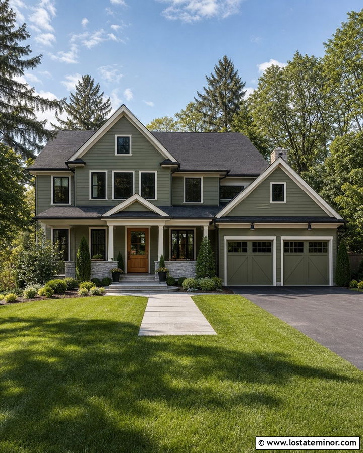 Sage Green Gabled House With Black Roof - 30 Sage Green House Design With Gables Ideas