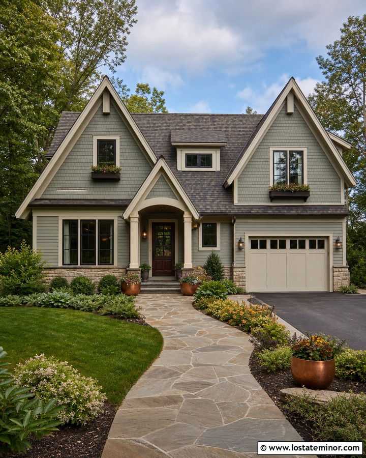 Sage Green Gabled House With Brown Roof - 30 Sage Green House Design With Gables Ideas