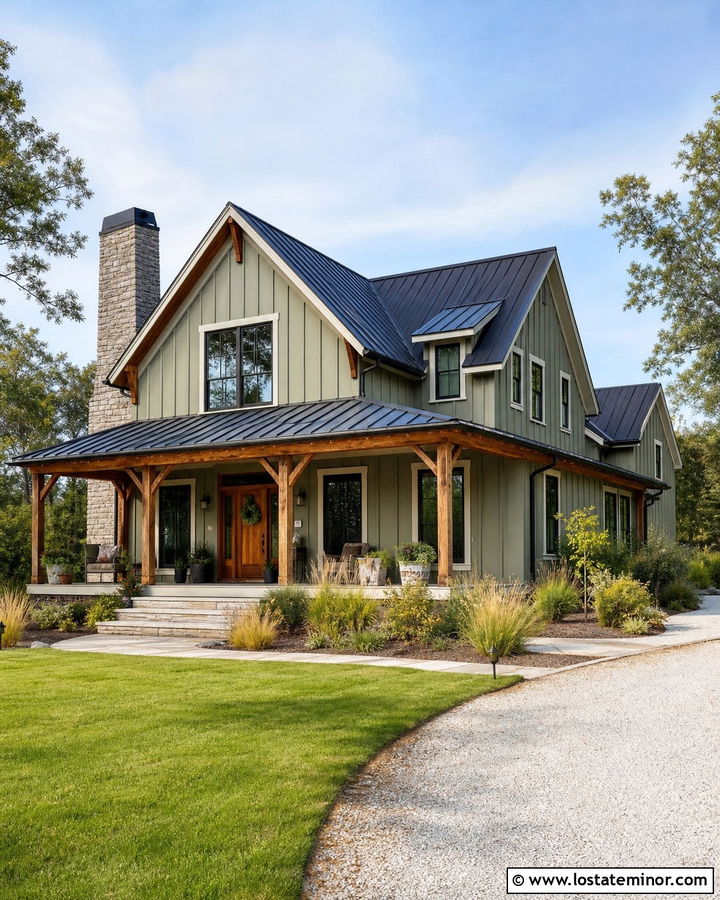 Sage Green Gabled House With Metal Roof - 30 Sage Green House Design With Gables Ideas