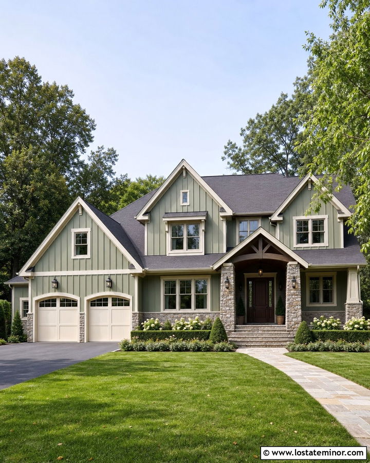 Sage Green Gabled House With Stone - 30 Sage Green House Design With Gables Ideas