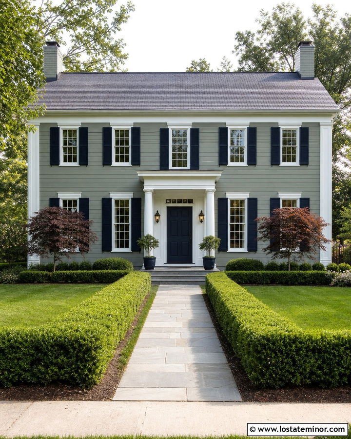 Sage Green Georgian House With Columned Portico - 30 Sage Green House Design With Front Porch Ideas