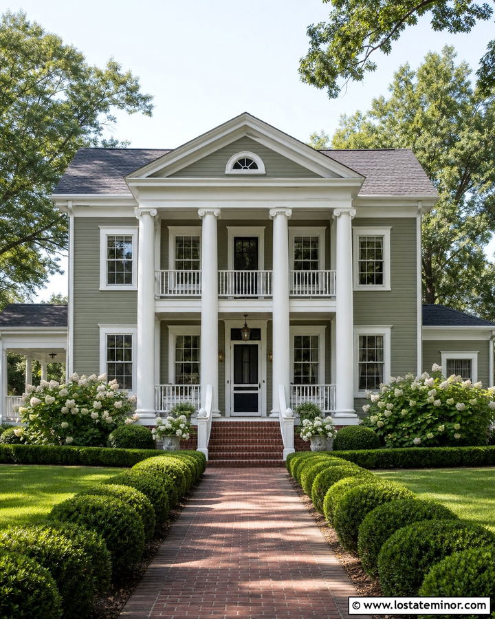 Sage Green Greek Revival With White Screen Door - 30 Sage Green House Design With Screen Door Ideas